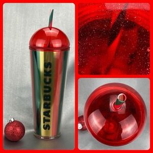 Starbucks 2024 Limited Edition Dome Cup Metallic Red Green Gold Stripe Christmas